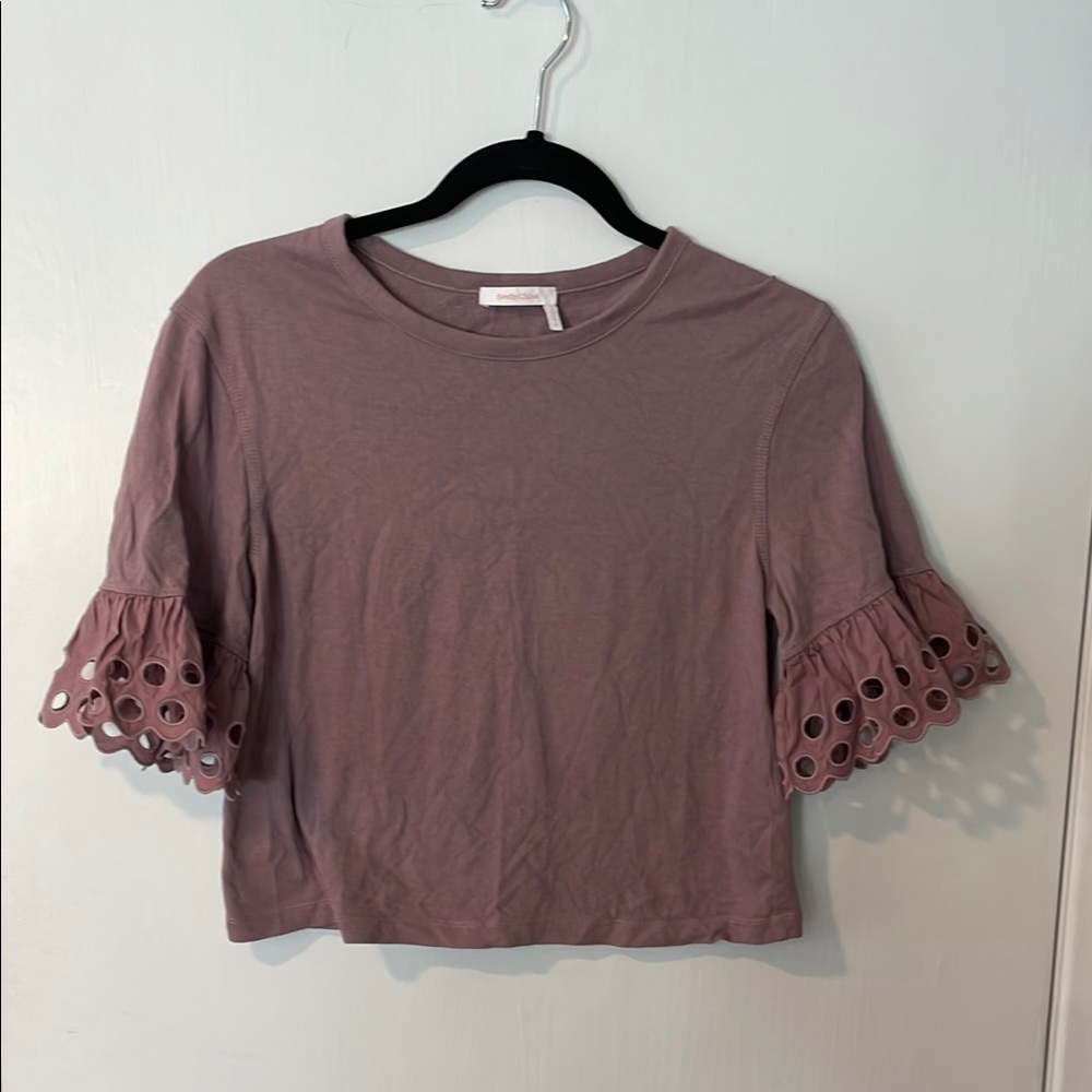 See By Chloe Pink Ruffled Crop Top | Small Lavendar Flare Sleeve